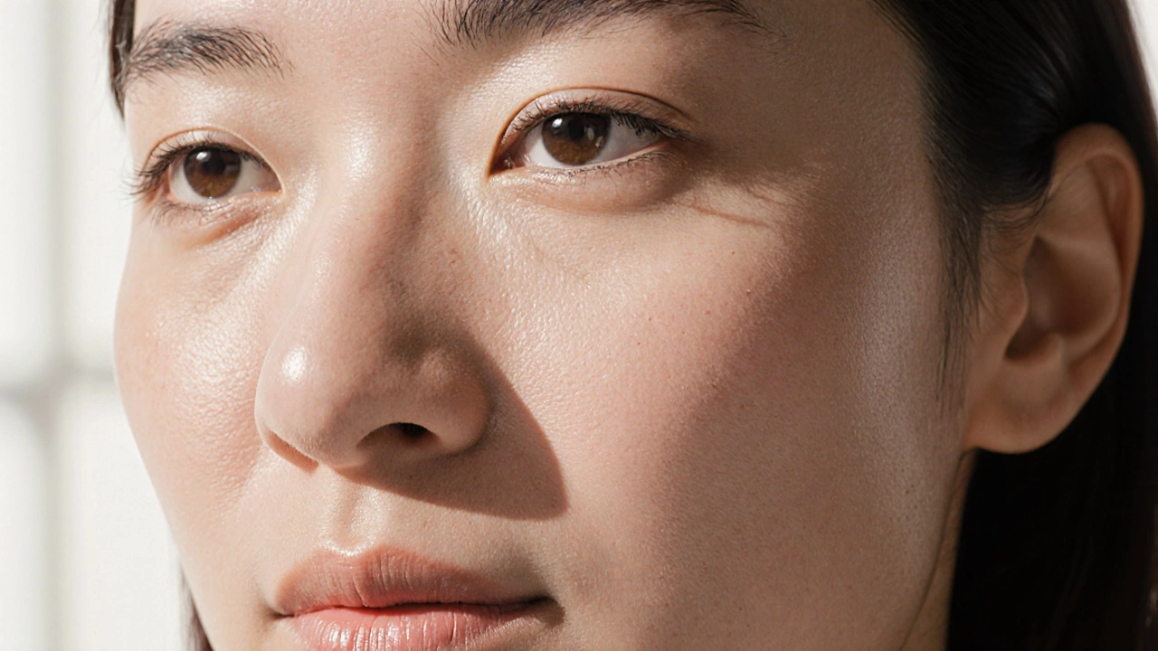 Близкий план гладкой кожи лица без морщин, сияющая после применения маски.