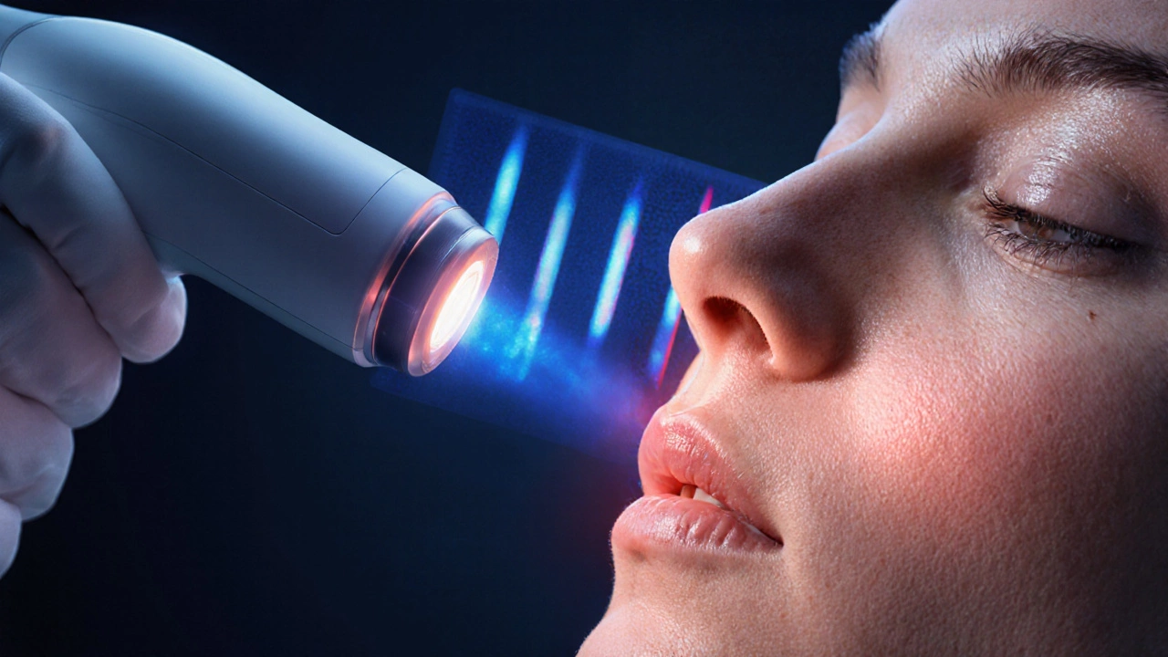 Близкий план лица под действием лазера, RF, ультразвука и LED‑света.