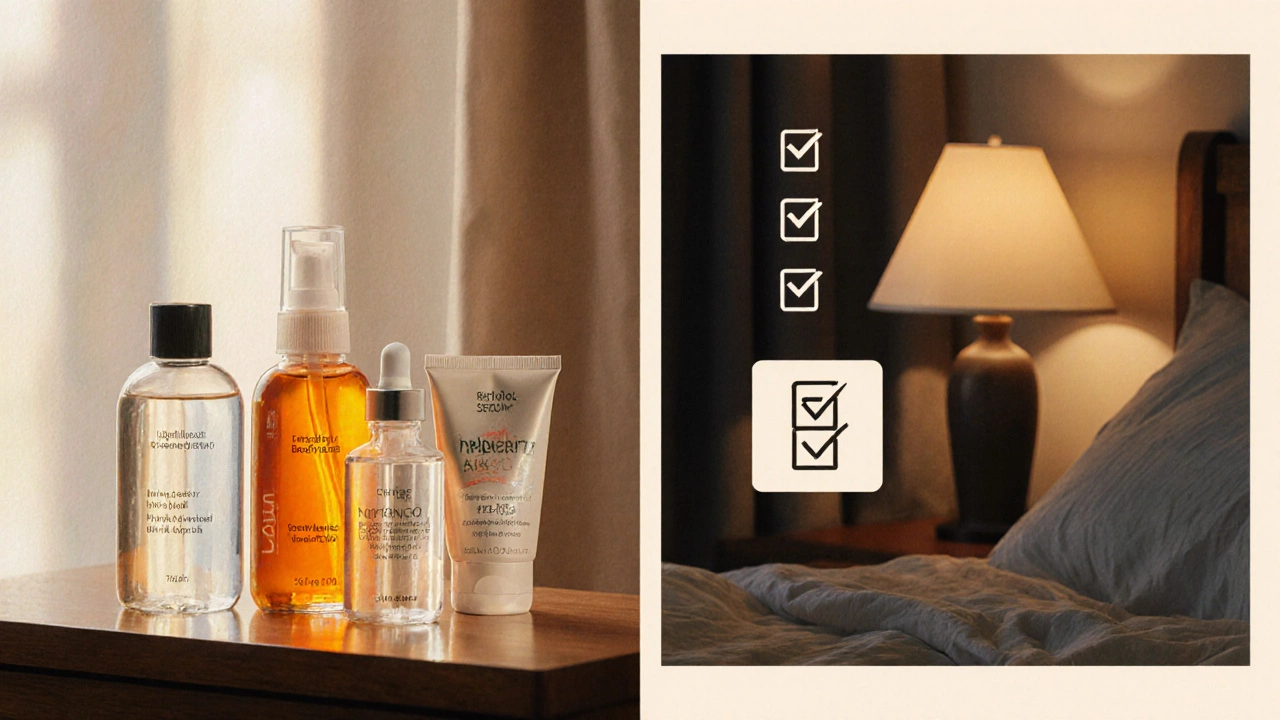 Cozy bedroom scene with morning and evening skincare products arranged on a nightstand.