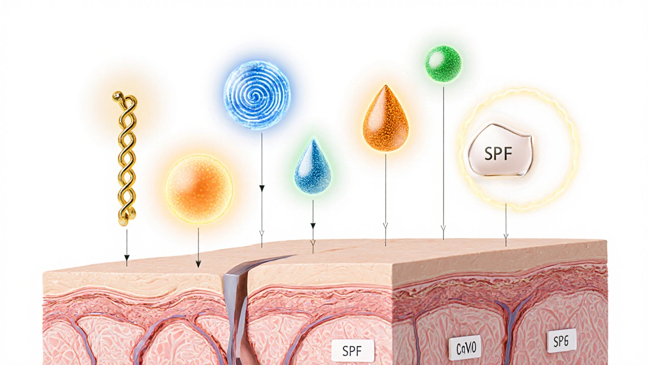 Cross‑section of skin showing glowing icons for retinol, peptides, hyaluronic acid, vitamin C, niacinamide, CoQ10, and SPF.