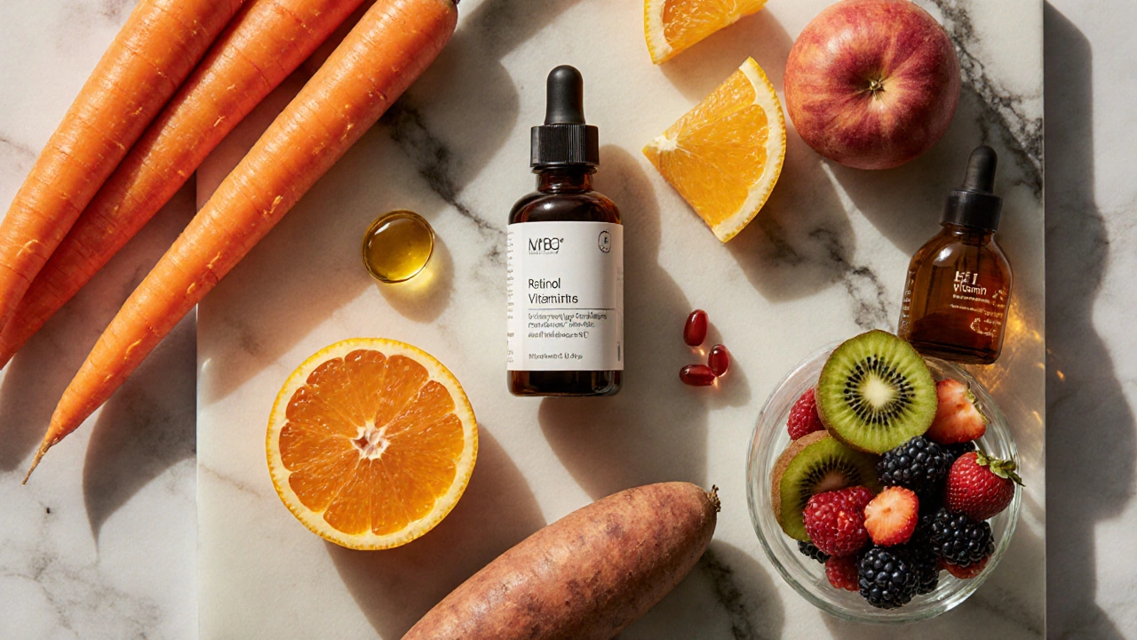 Флэтлей с морковью, цитрусами, ягодами и косметическими бутылочками витаминов.