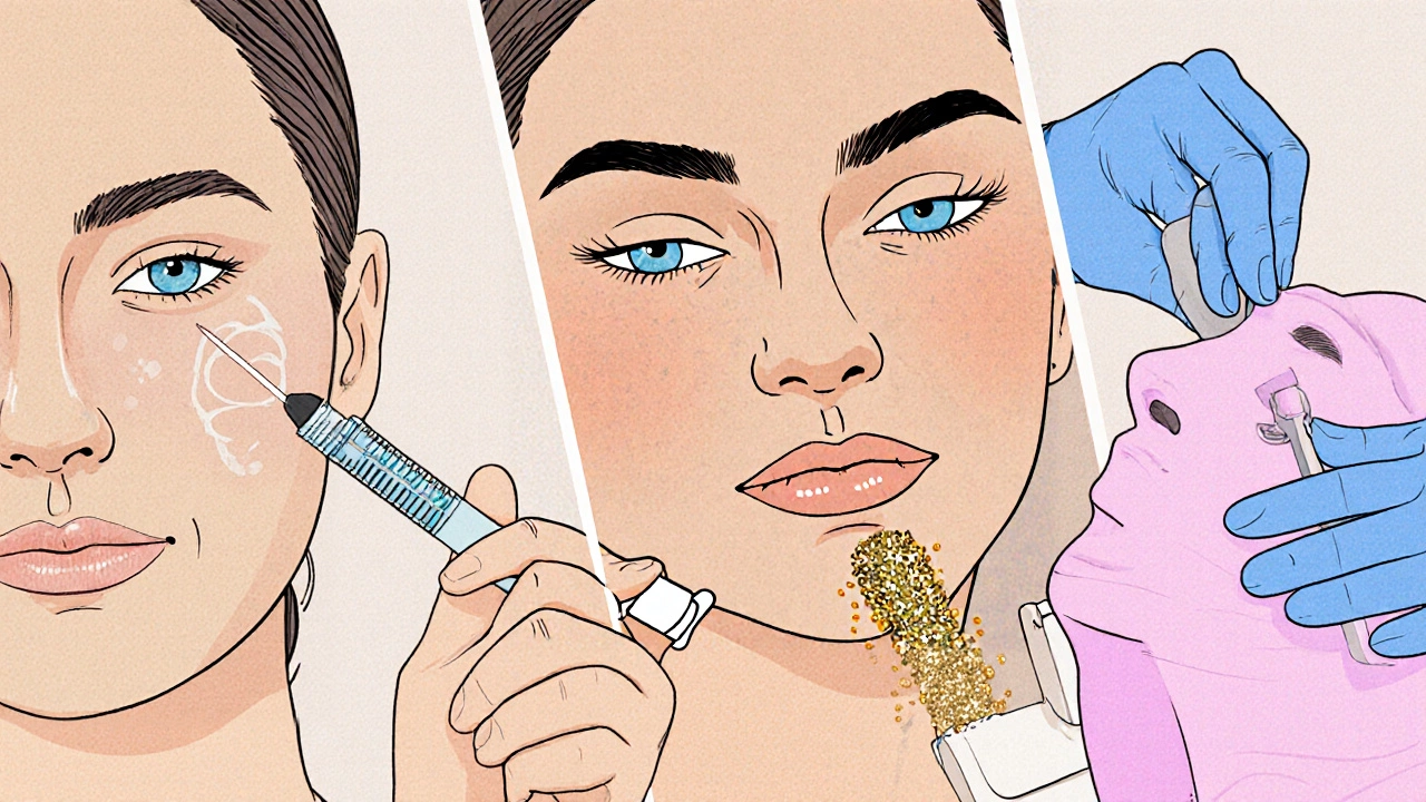 Коллаж из пяти процедур: ботокс, контурная пластика, мезотерапия, лазерный пилинг и HIFU.