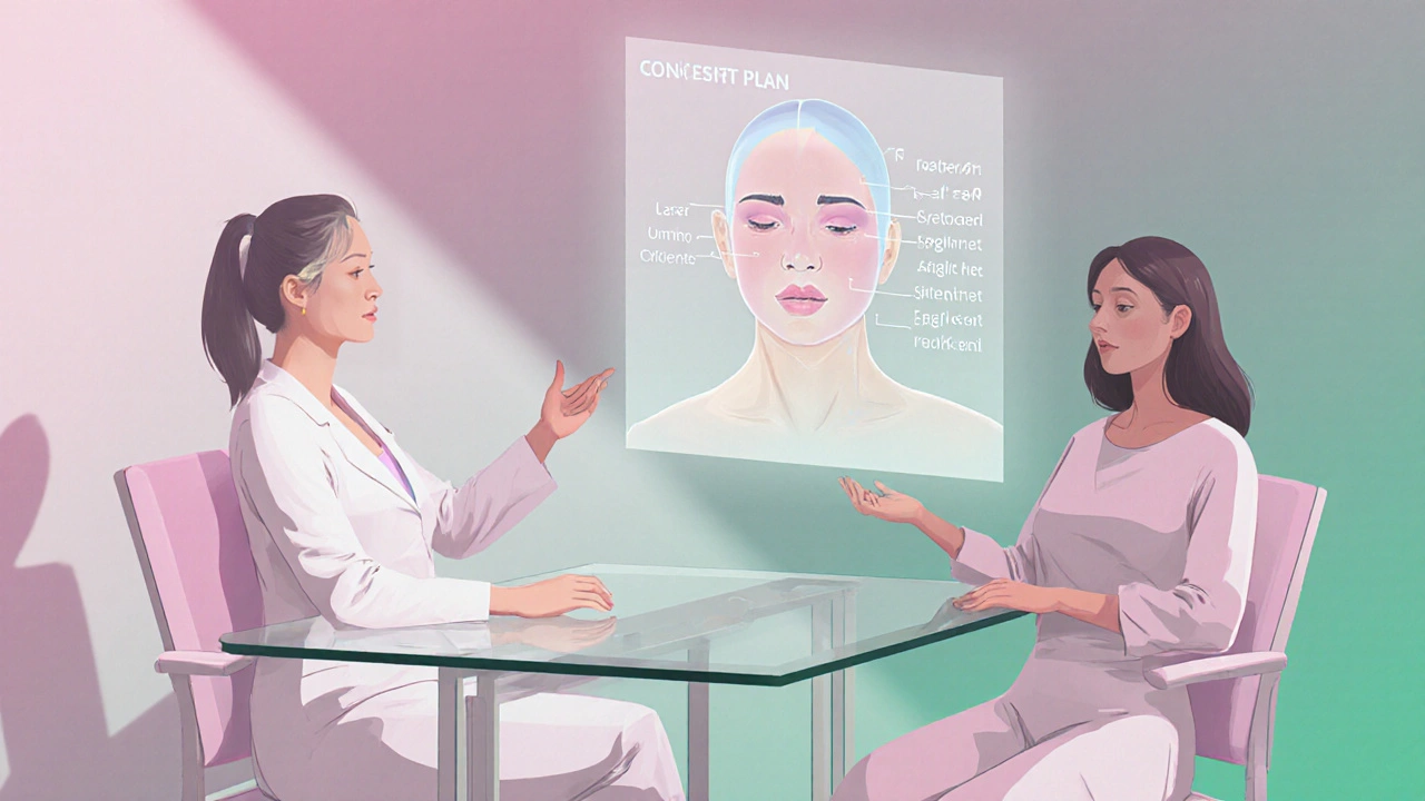 Консультация, где эстетист и клиент рассматривают голограмму кожи.