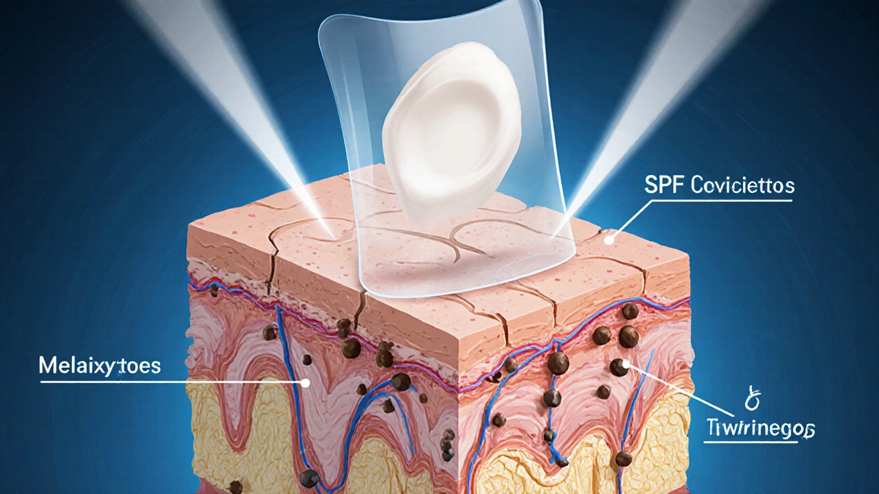 Разрез кожи с меланиновыми пятнами и лазерным воздействием, защитный слой SPF