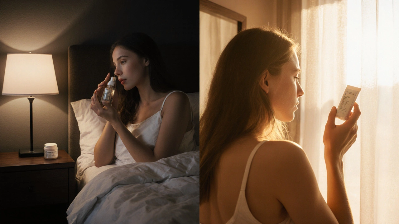 Сцена ухода за кожей: вечернее нанесение ретинола и утреннее солнцезащитное средство.