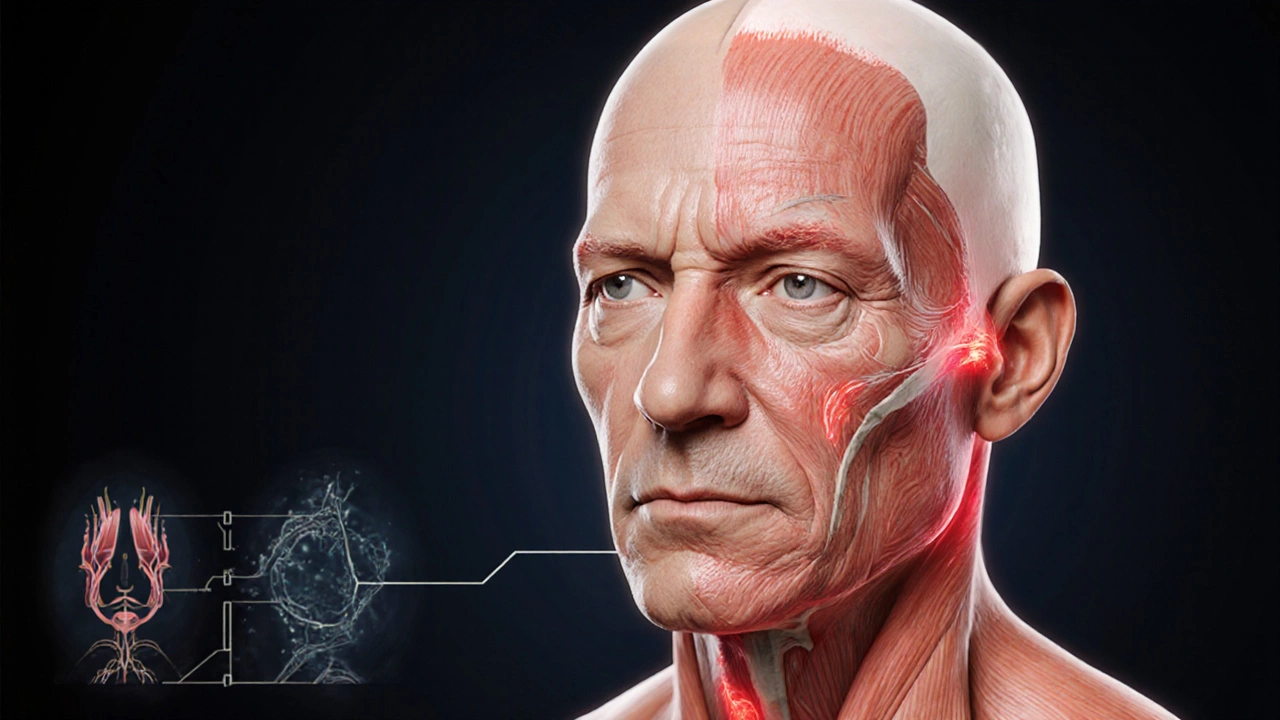 Сравнение здоровой кожи и кожи после длительного ботокса с указанием компенсаторных морщин.