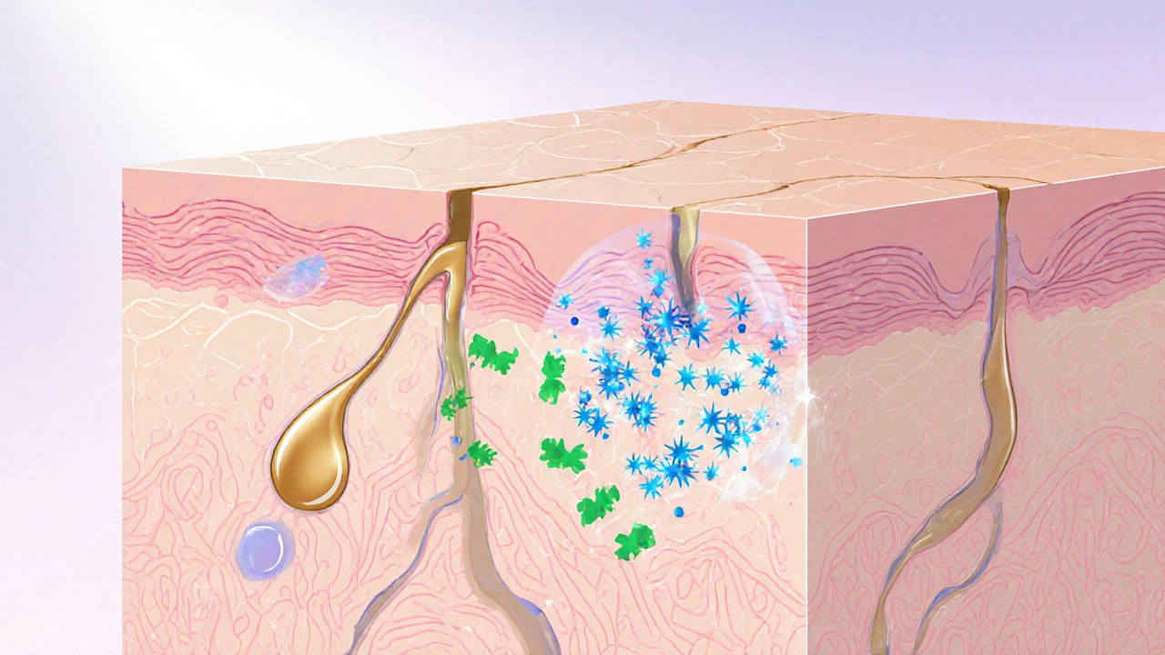 Срез кожи с визуализированными активными ингредиентами, очищающими поры.