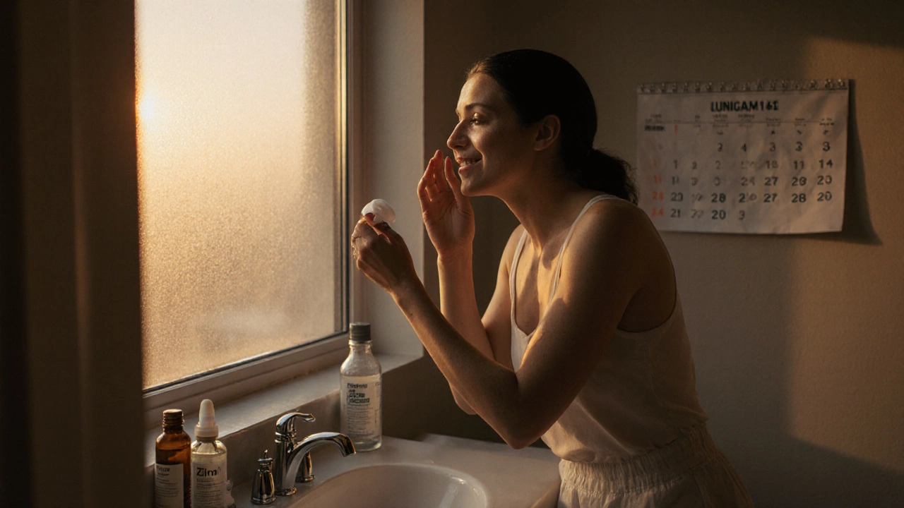 Утренний ритуал ухода: нанесение геля, витамины и солнцезащитный крем.