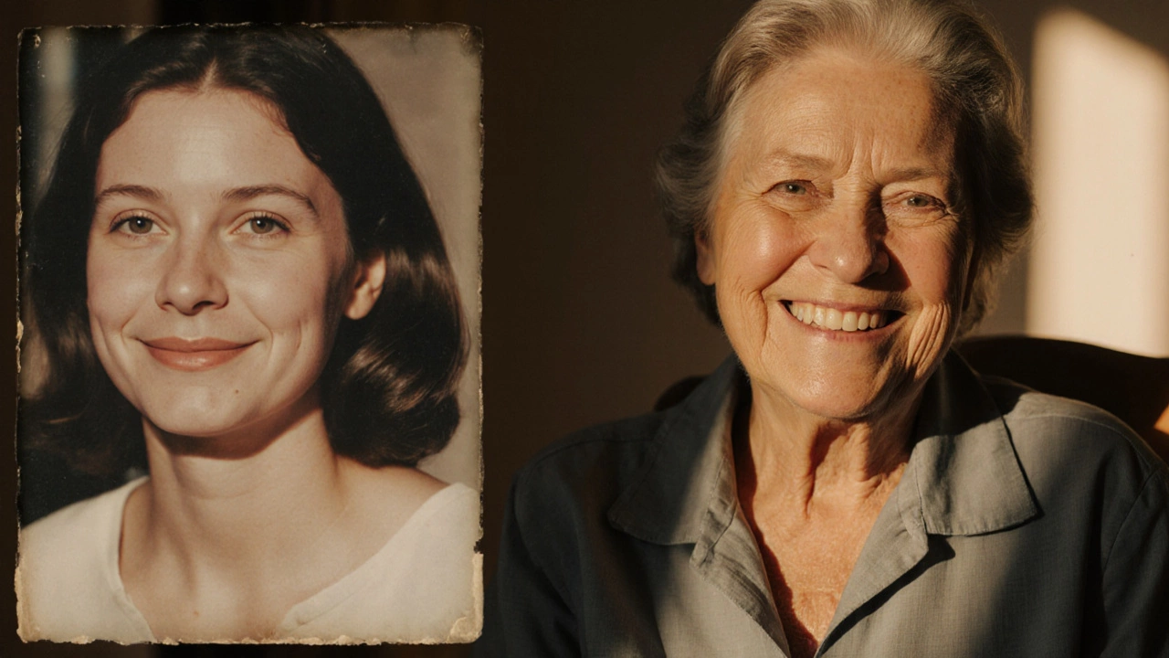 Женщина 60 лет с естественными морщинами улыбки рядом с фотографией своего прошлого, застывшего в ботоксе.