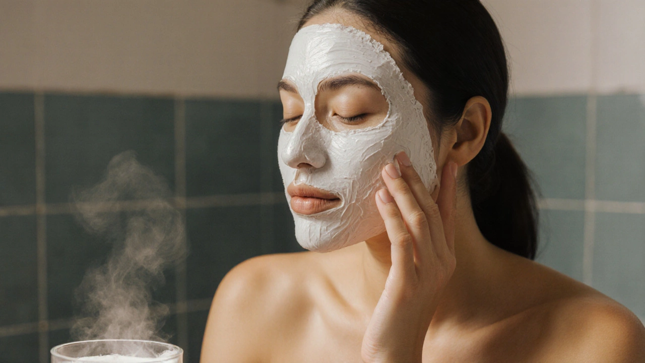 Женщина наносит белую маску на лицо, в паре над чашей, в уютной ванной.