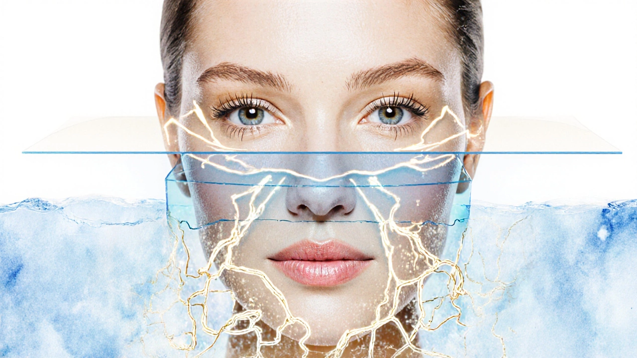 Абстрактное изображение лица с тремя слоями: увлажнение, микротоки и коллаген.