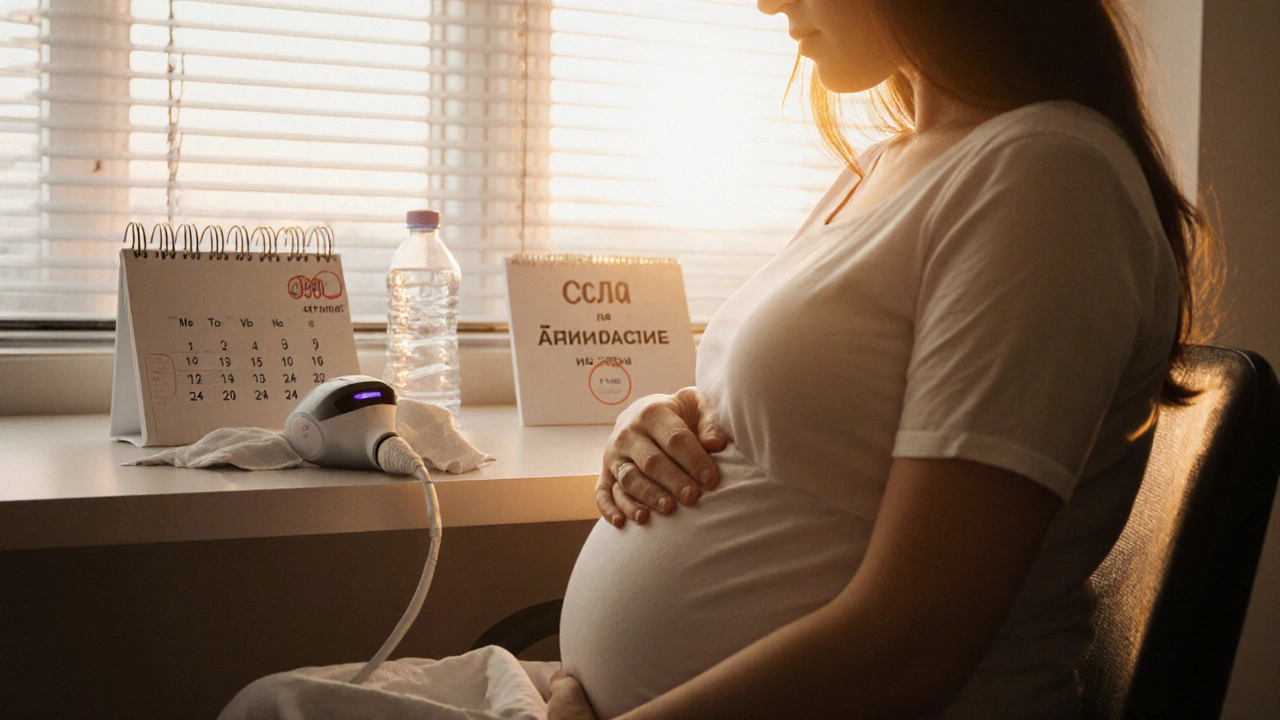 Беременная женщина в клинике, лазерное устройство убрано, на столе календарь с отмеченной датой через 6 месяцев.