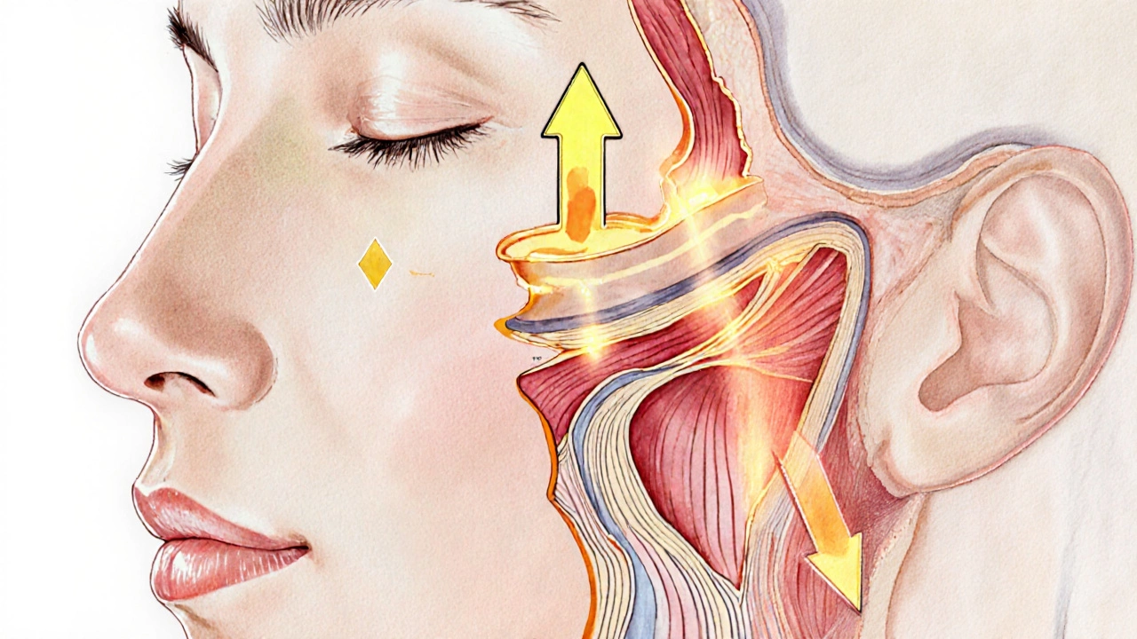 Художественное изображение слоев лица с теплыми лучами, стимулирующими коллаген в глубоких тканях.