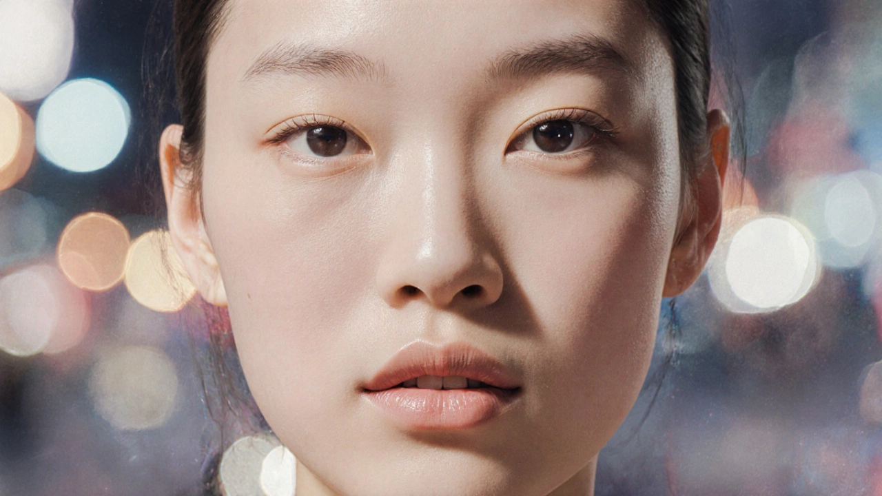 Идеализированное лицо с гладкой кожей и четкими контурами, как в рекламе косметики.