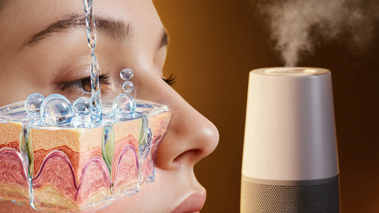 Прозрачное изображение лица с потоками влаги и защитным барьером кожи, на фоне увлажнителя.