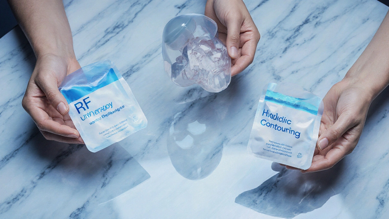 Прозрачные маски для процедур подтяжки лица, парящие над мраморной поверхностью с отражением четкого овала.