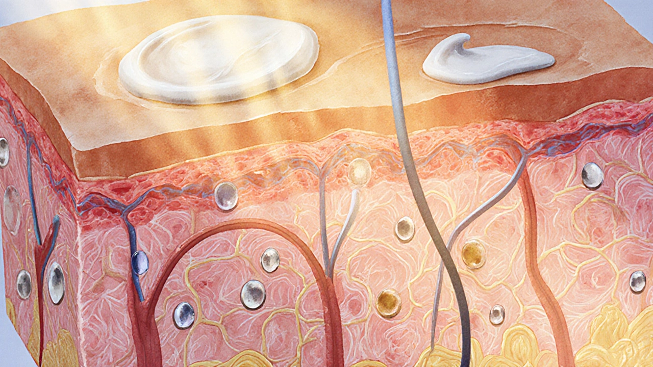Разрез кожи, показывающий восстановление коллагена под действием ретиноидов и пептидов, с притяжением воды молекулами гиалуроновой кислоты.