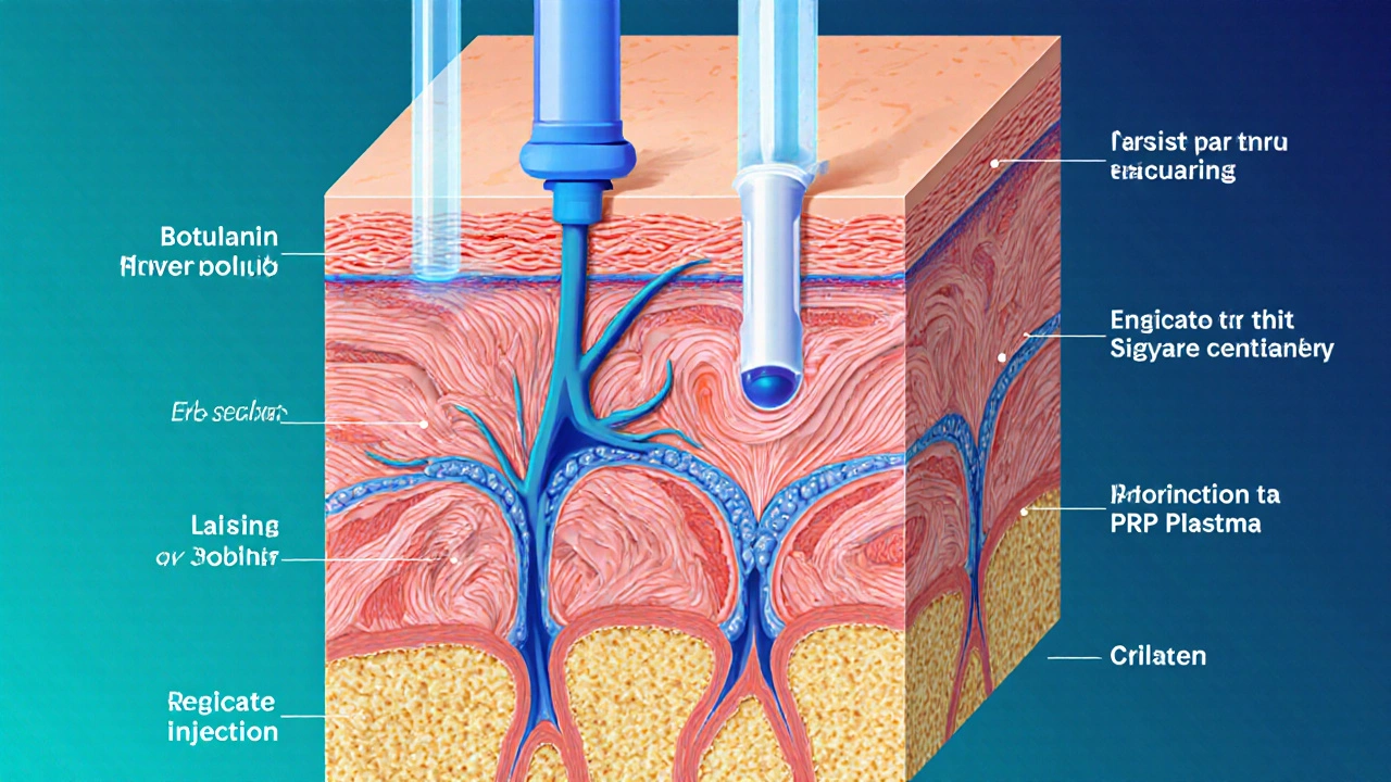 Схема кожи с изображением инъекций, лазера и PRP-терапии, воздействующих на разные слои кожи.