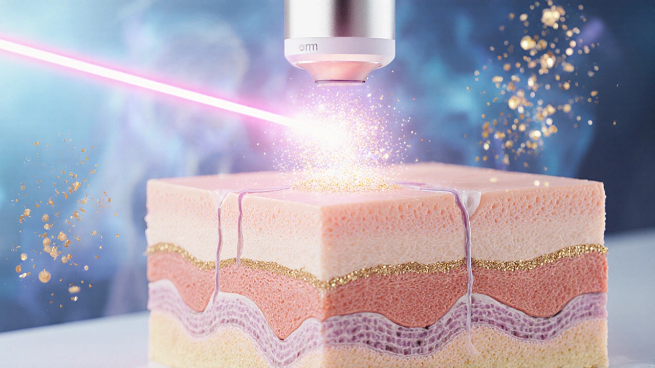 Схематическое изображение кожи с лазерным воздействием: разрушение пигмента и стимуляция коллагена.