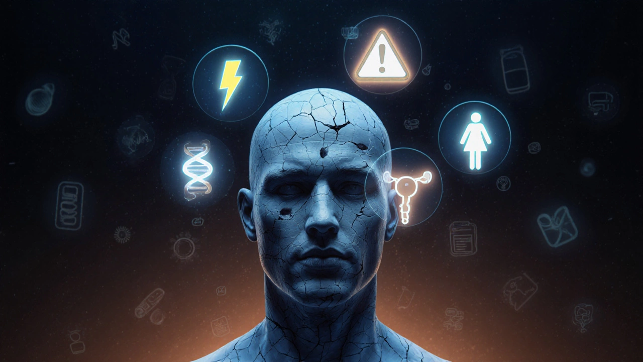 Силуэт человека с предупреждающими символами над кожей, символизирующими противопоказания к лазерной терапии.