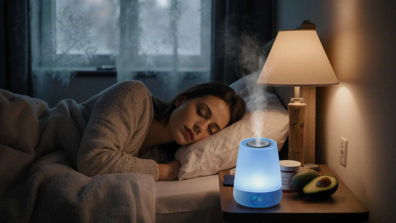 Спящая женщина в спальне с увлажнителем воздуха, на тумбочке крем и авокадо.