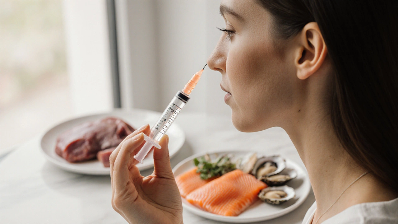 Шприц с витамином В12 и продукты животного происхождения на фоне светлеющих пятен на коже