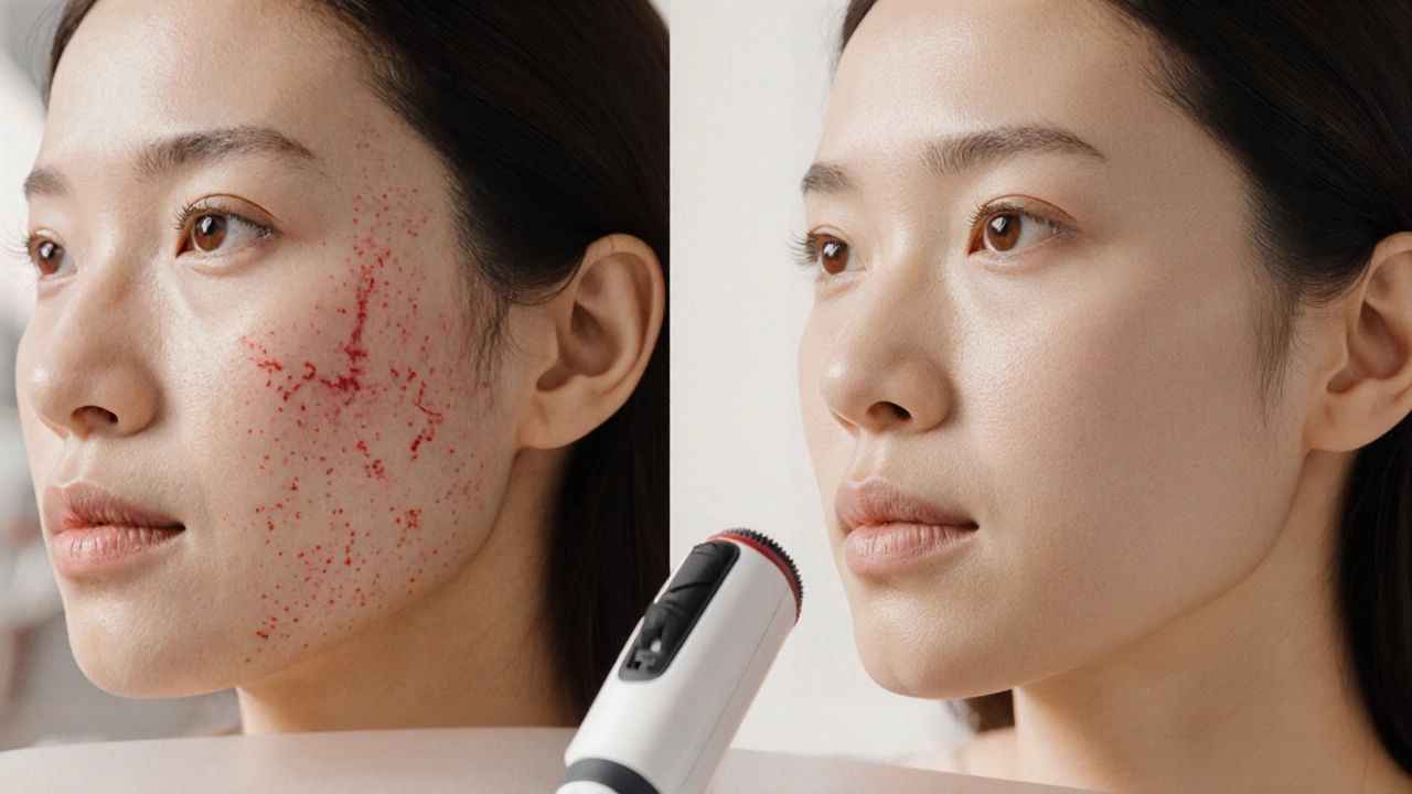 Сравнение до и после лазерной коррекции кожи: пигментация и сосуды исчезли, кожа стала ровной.