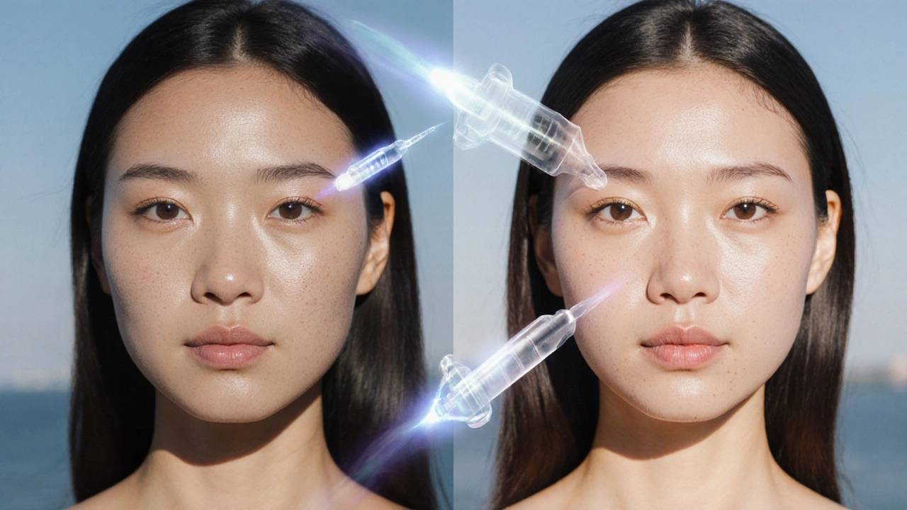 Сравнение лица до и после эстетических процедур: тусклая кожа слева, сияющая — справа.