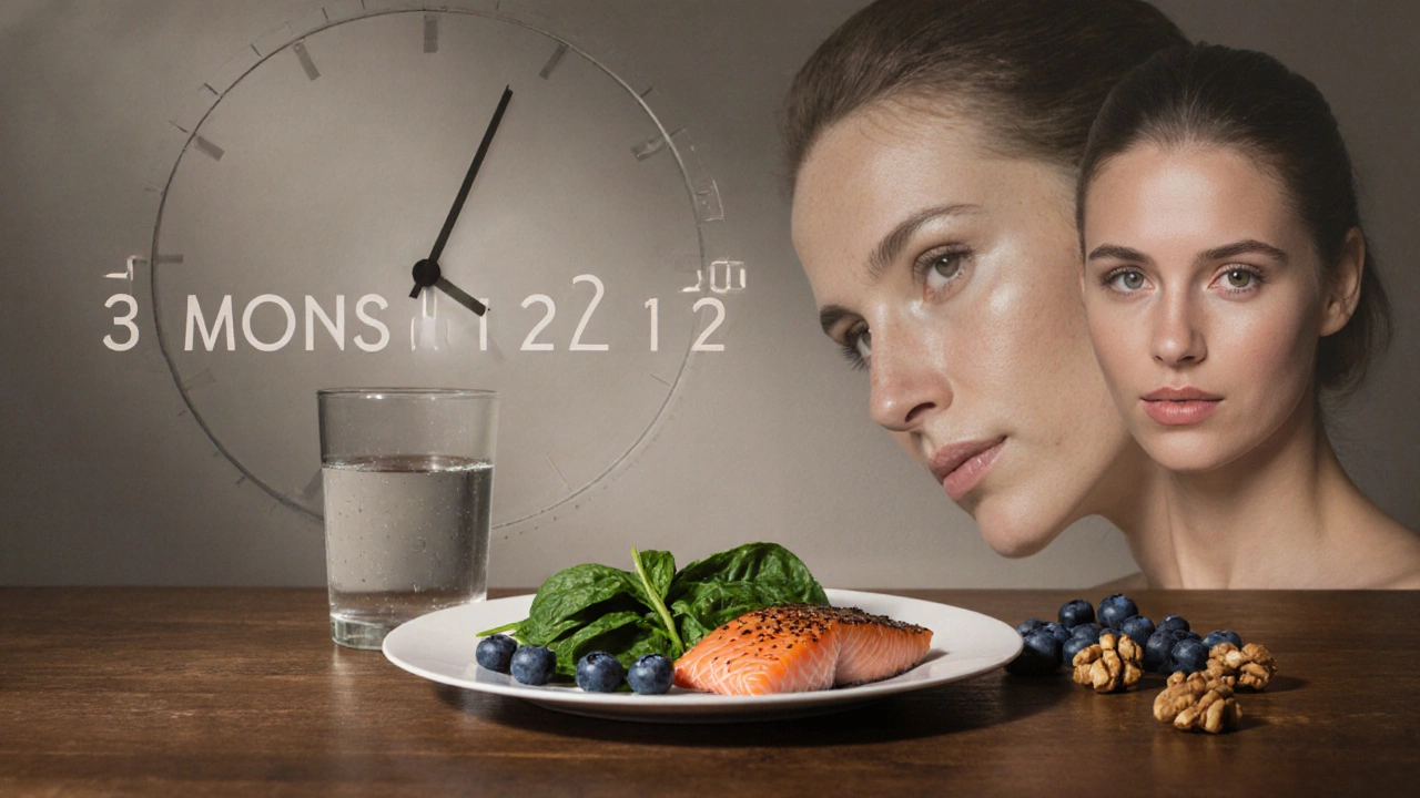 Здоровая тарелка с рыбой, ягодами и орехами рядом с часами, показывающими улучшение кожи.