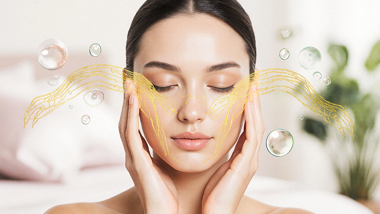 Женщина делает массаж лица маслом, вокруг неё — визуализация коллагена и лимфотока.