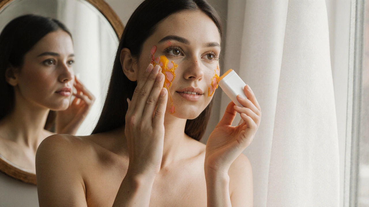 Женщина наносит солнцезащитный крем после процедуры, кожа слегка покраснела.