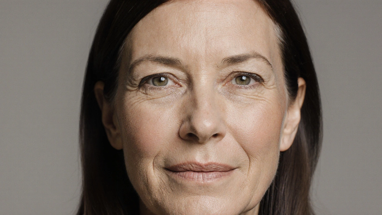 Женщина с идеальной, сияющей кожей, без макияжа, в минималистичной обстановке.