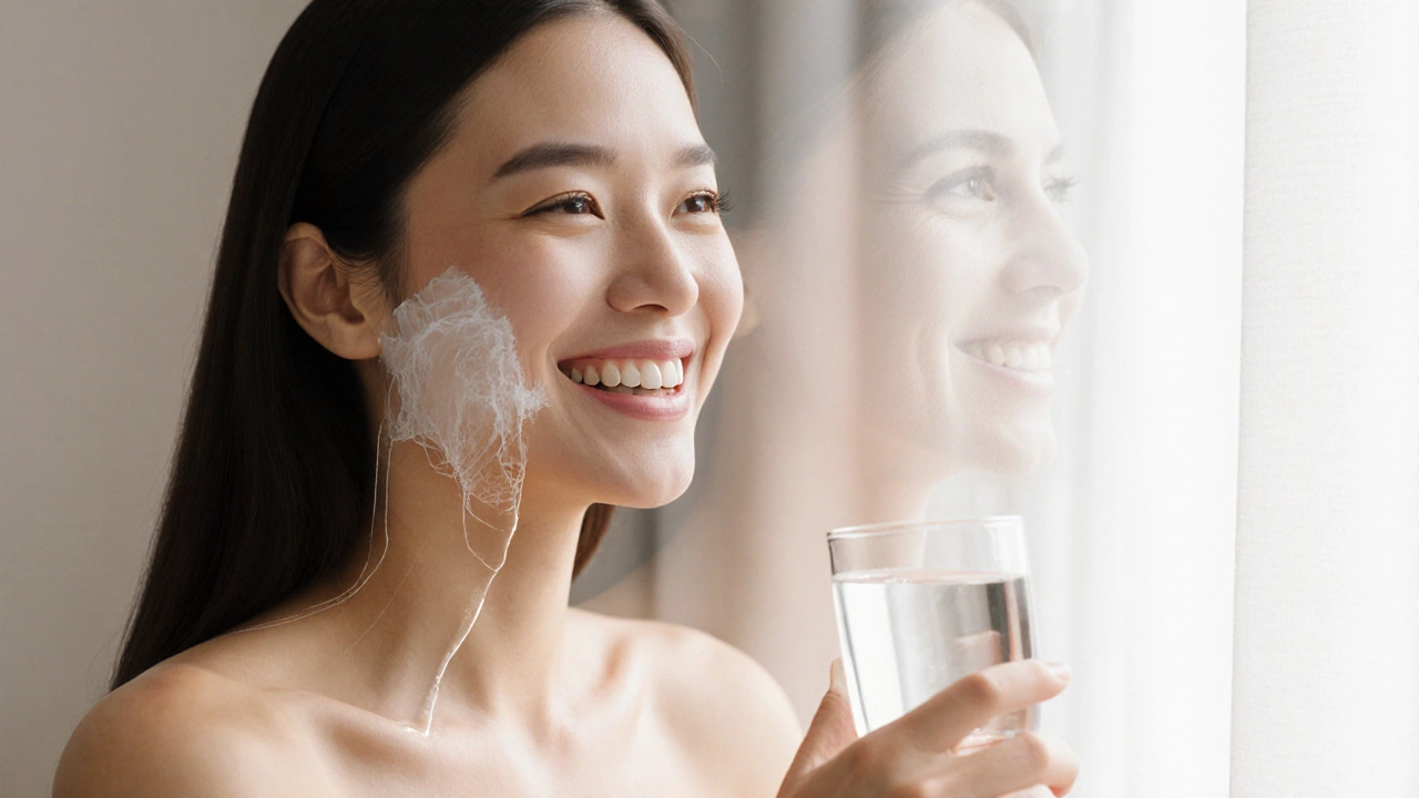 Женщина с подтянутым контуром лица, улыбающаяся у окна, прозрачный контур до и после