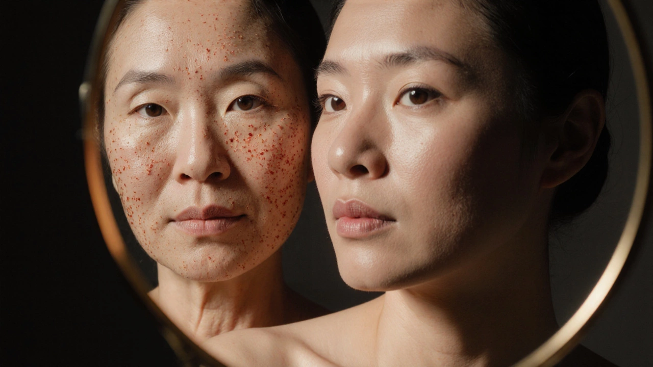 Зеркало, отражающее до и после лазерной обработки кожи: с пятнами и краснотой — и гладкой, сияющей.