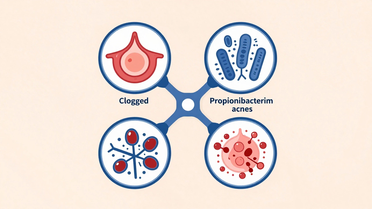 Иллюстрация четырех причин акне: избыток себума, закупорка пор, бактерии и воспаление.