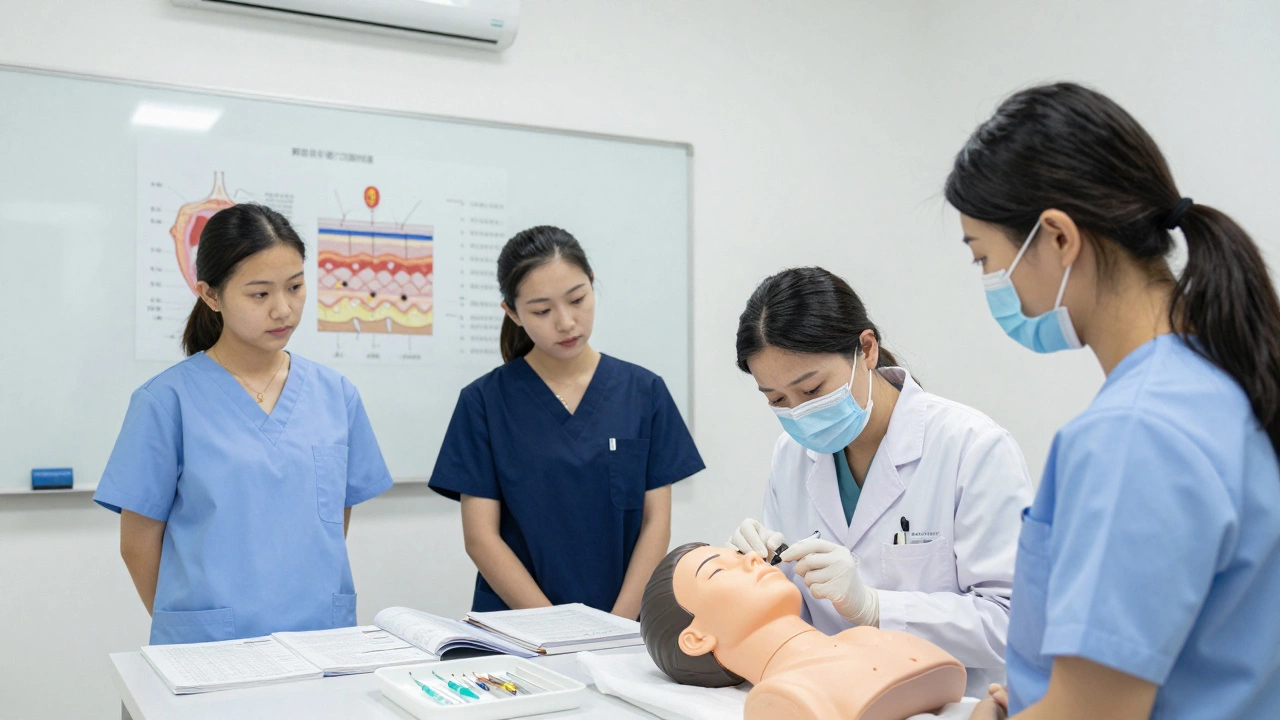 Инструктор обучает студентов процедуре мезотерапии в классе с медицинскими приборами.