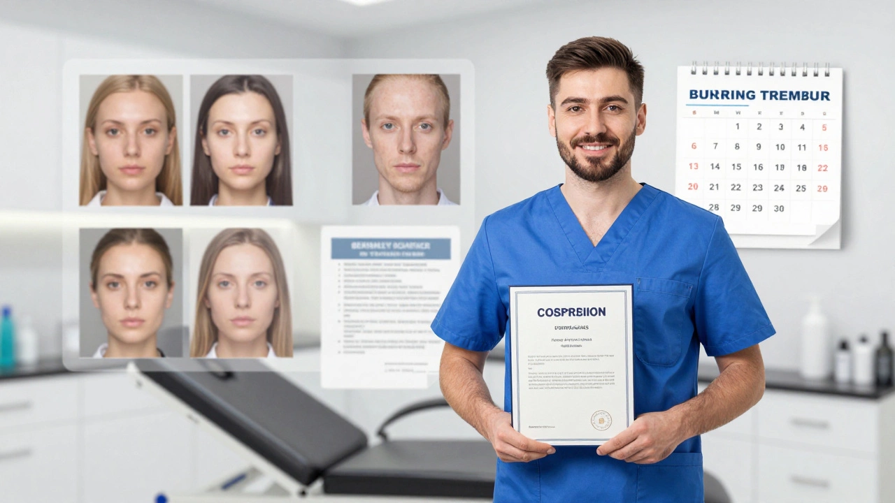 Косметолог держит диплом, вокруг него — визуальные символы обучения, пациентов и профессиональной ответственности.