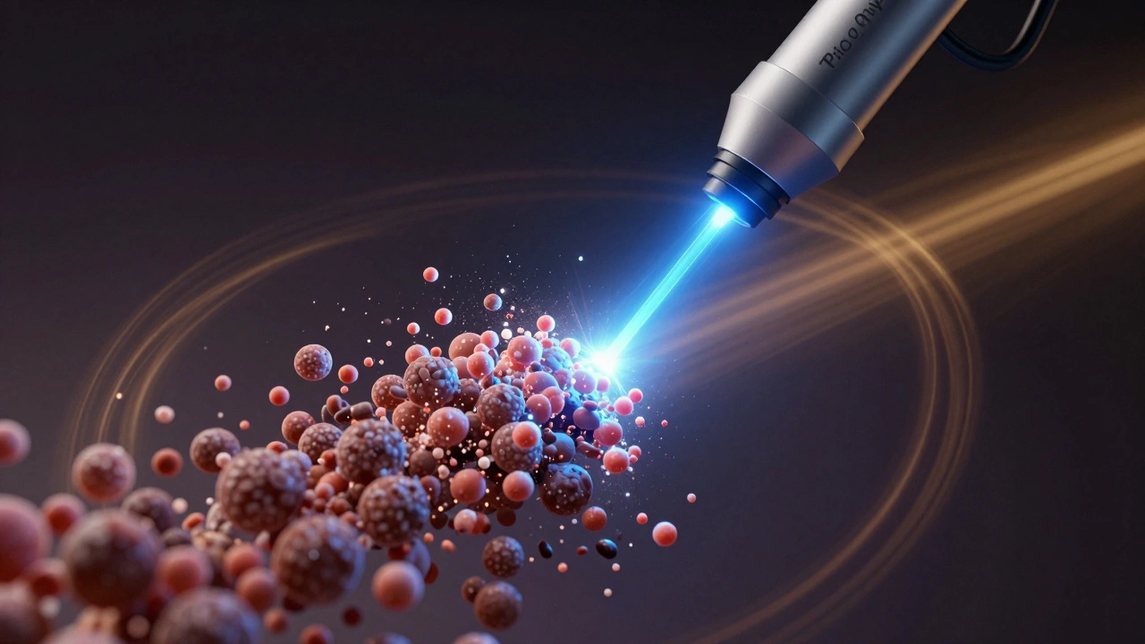 Лазерный импульс разрушает пигментные частицы под кожей, создавая светящиеся фрагменты.