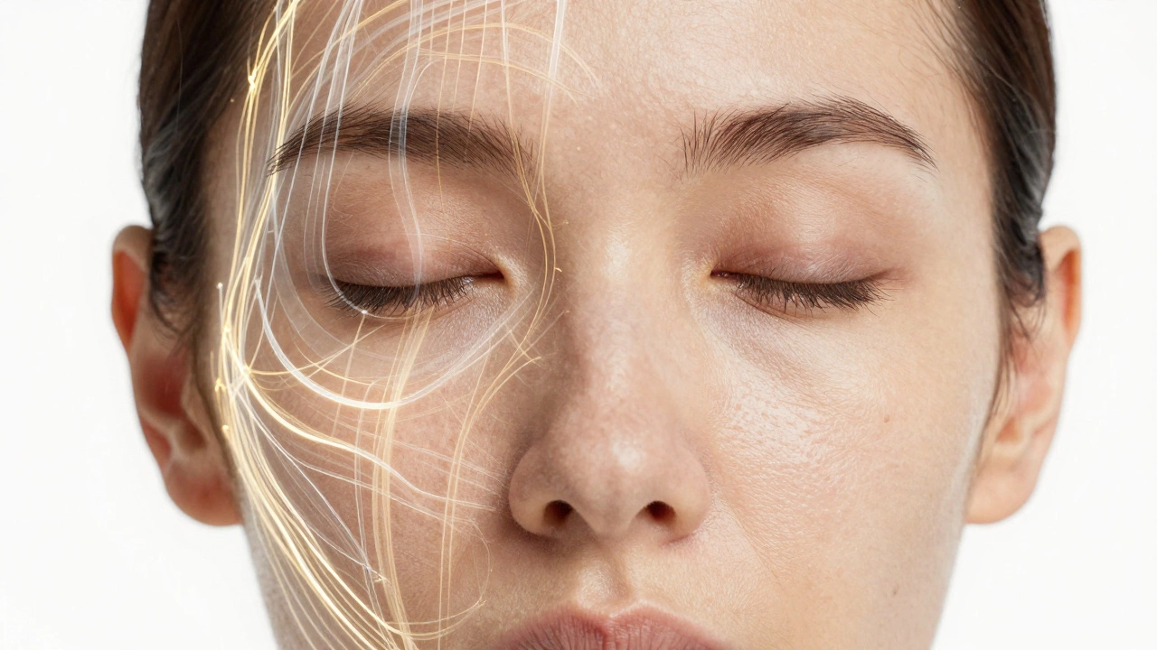Лицо с золотыми линиями, символизирующими микротоки и стимуляцию коллагена, без хирургических вмешательств.