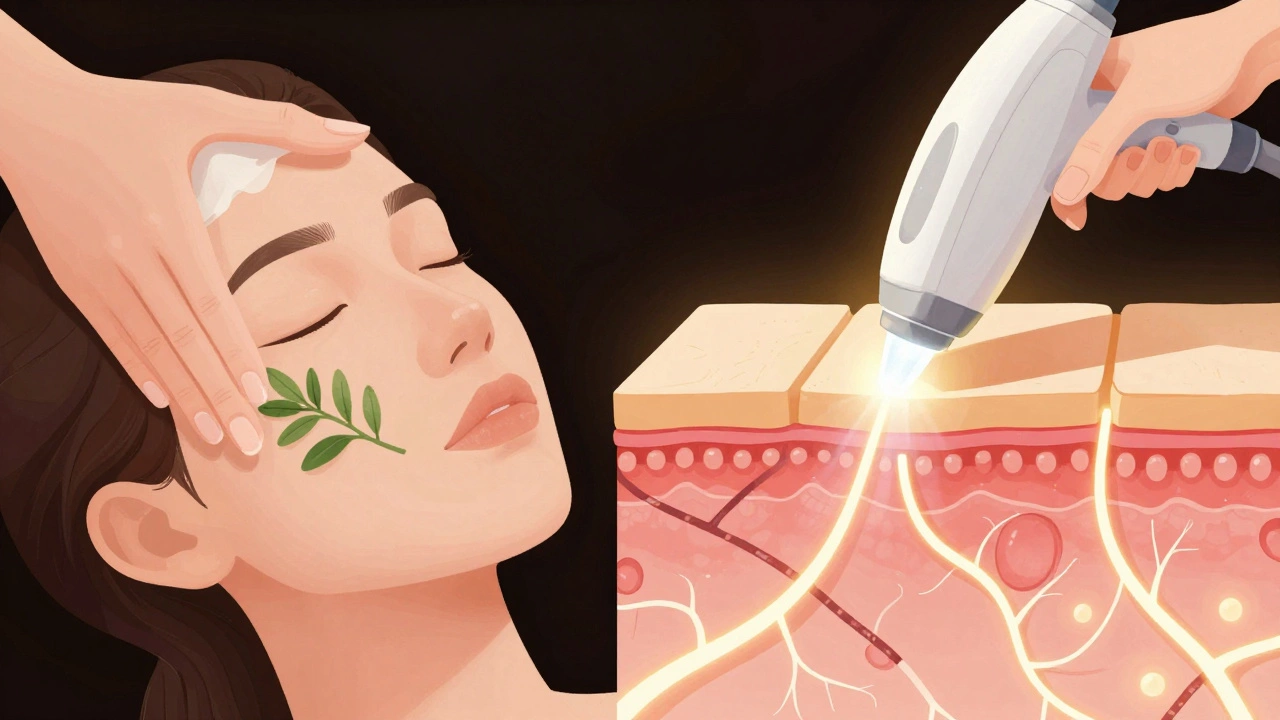 Разделённая иллюстрация: ручной уход и лазерная процедура с анатомией кожи в качестве фона.