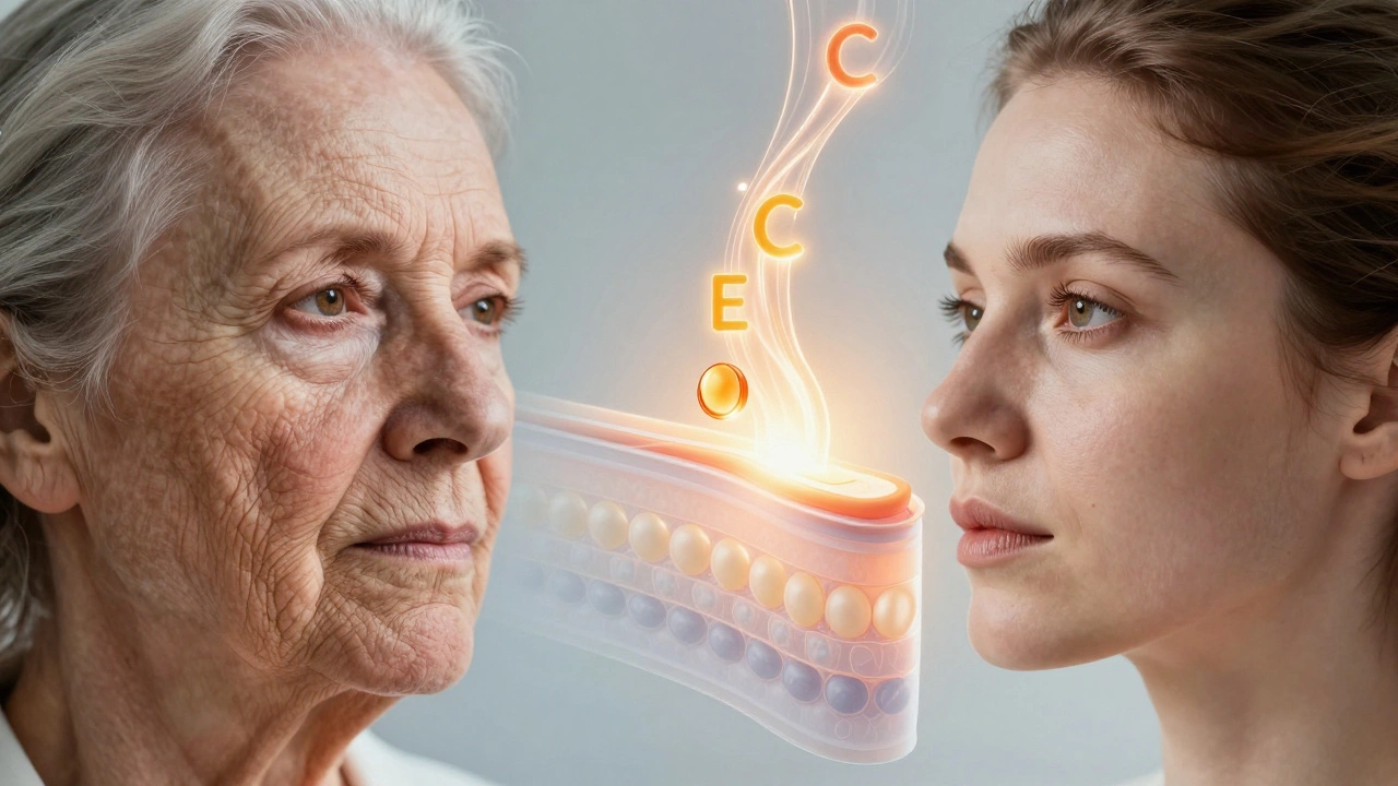 Разделённое лицо: стареющая кожа слева, молодая — справа, между ними — поток витаминов, символизирующий восстановление.