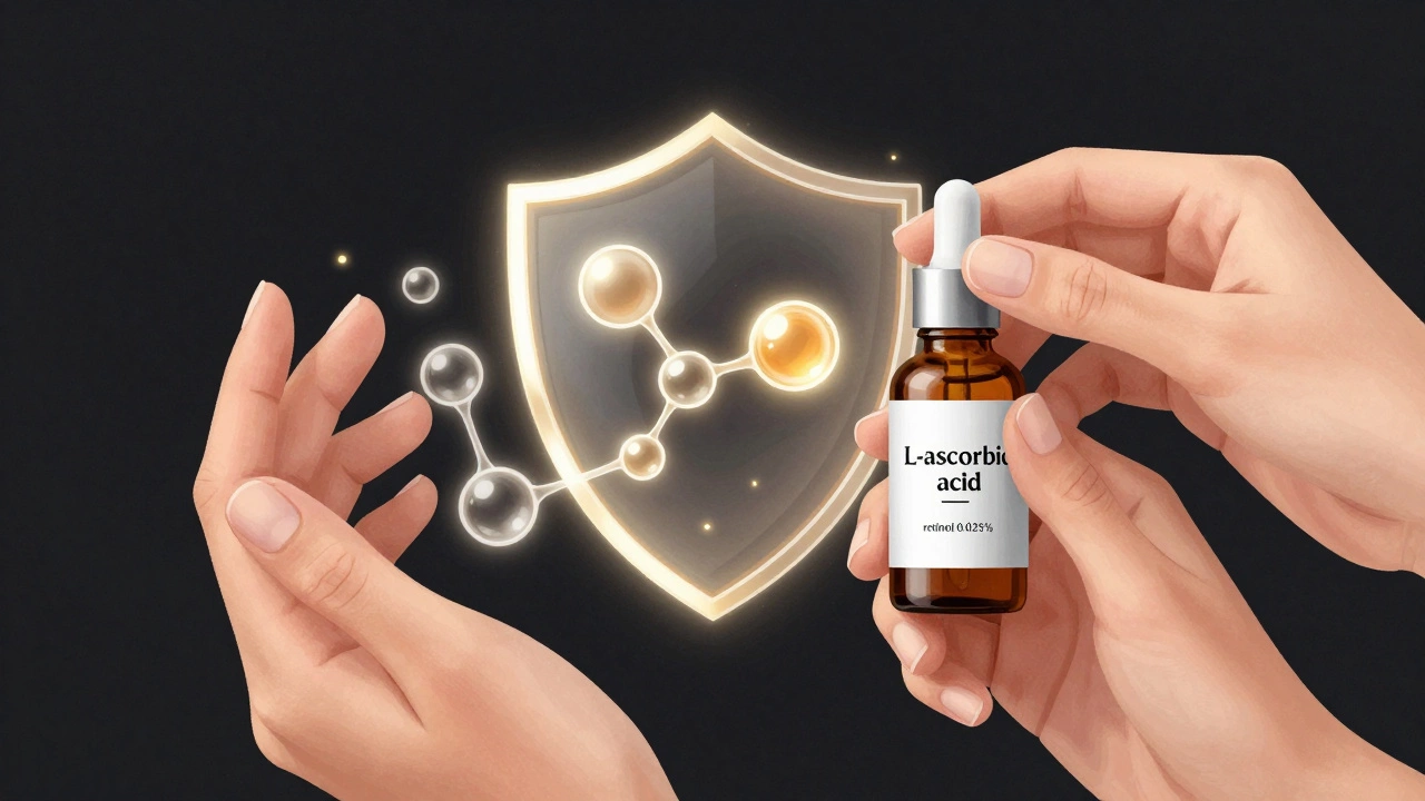 Руки наносят сыворотки с витамином Е и ретинолом, вокруг — светящиеся молекулы антиоксидантов, защищающие кожу.