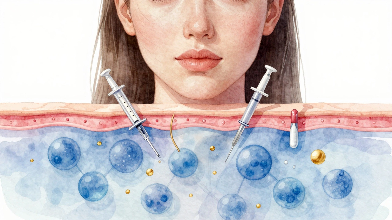 Схематичное изображение кожи в трех слоях: сухая поверхность, введение пептидов и стимуляция коллагена.