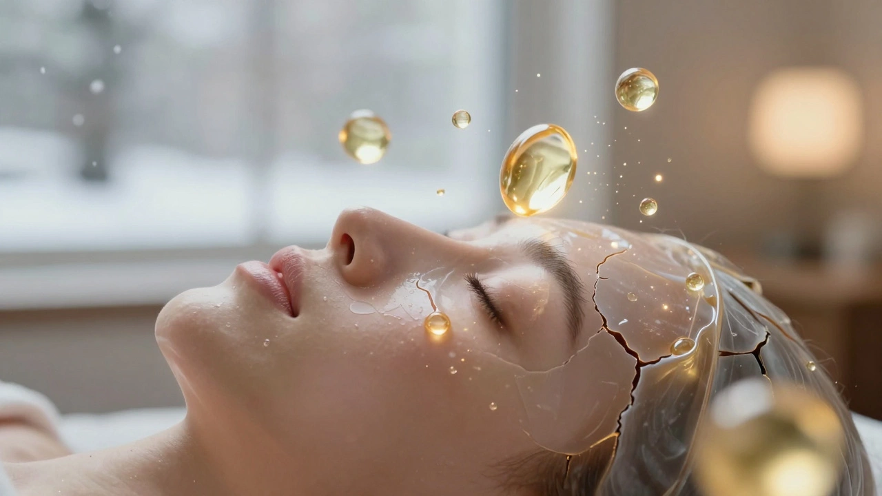 Схематичное изображение восстановления липидного барьера кожи: трещины запечатываются водой и маслом, вокруг — молекулы церамидов и гиалуроновой кислоты.