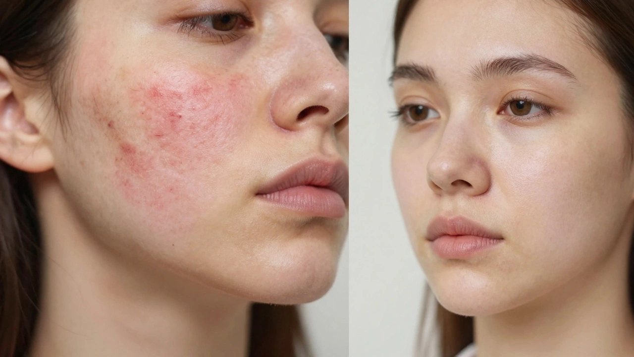 Сравнение до и после лечения акне: воспаления и пигментация против гладкой кожи.