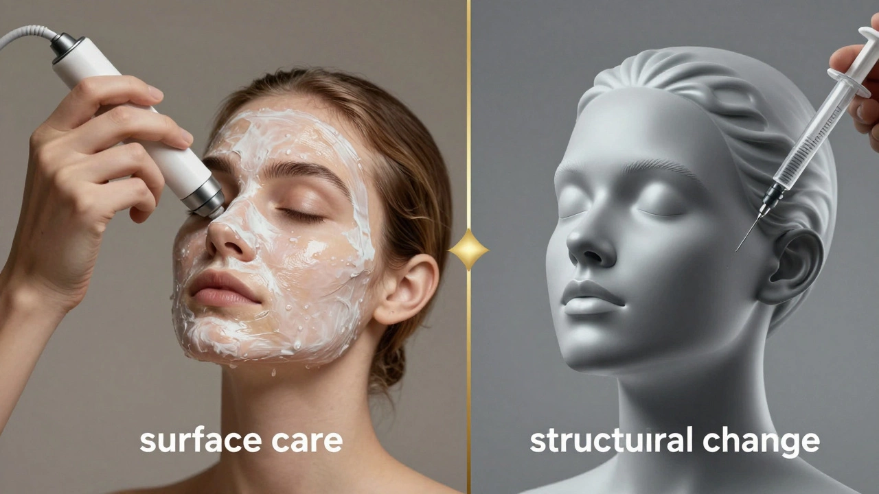 Сравнение: уход за кожей слева и коррекция контуров лица справа — граница между косметологией и эстетической медициной.