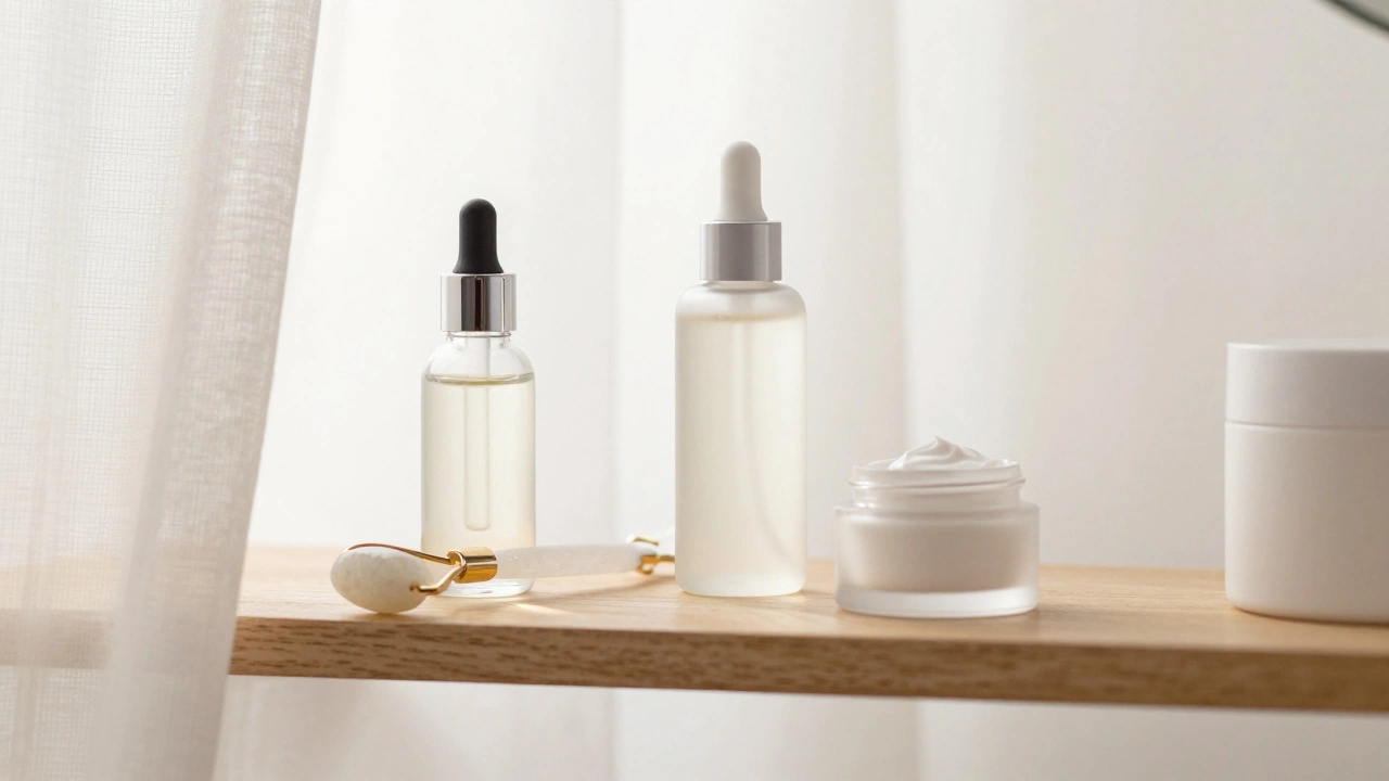 Уход за кожей: сыворотка, кристаллический роллер и мягкий пилинг на деревянной полке у окна.