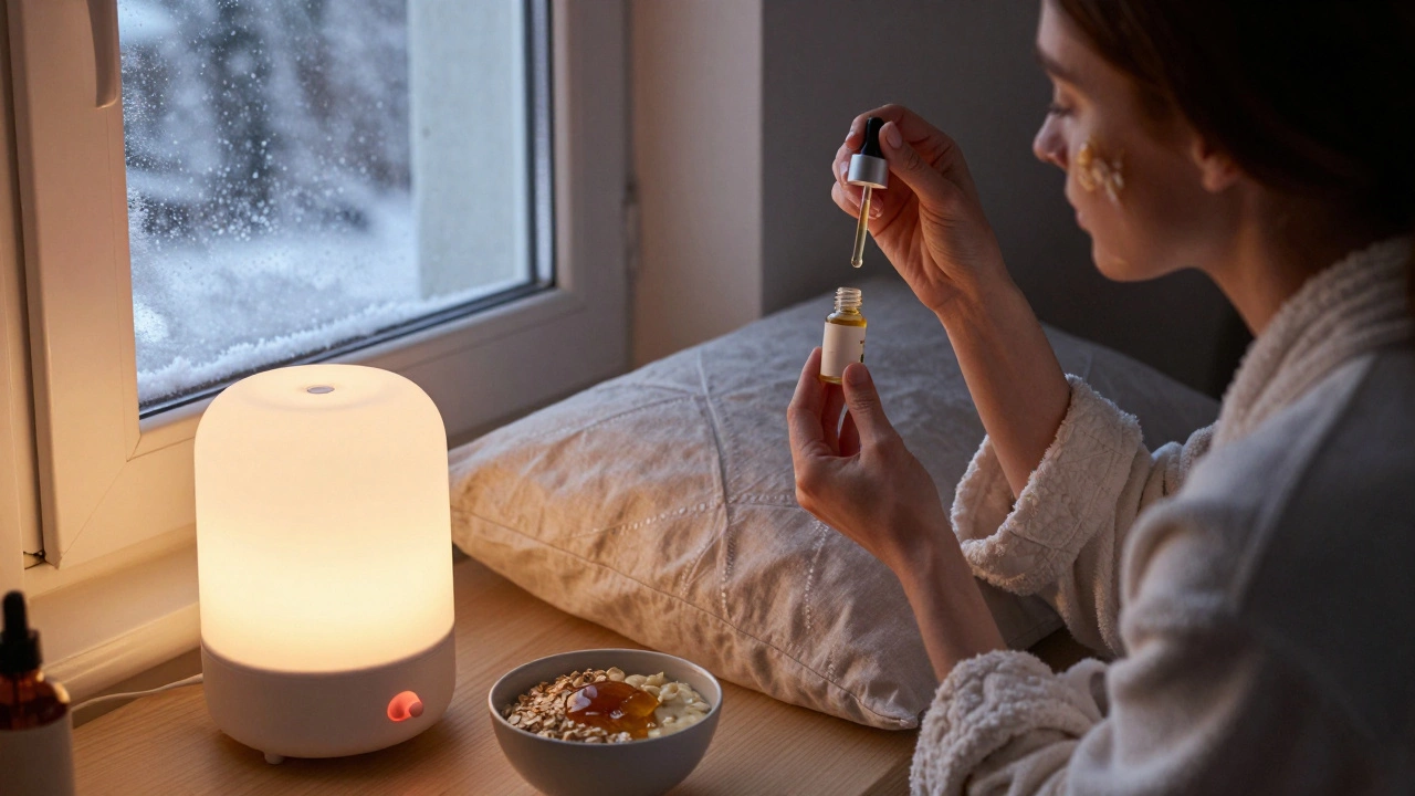 Вечерний уход за кожей: женщина наносит масло на лицо, рядом — увлажнитель и маска из овсянки, тёплый свет лампы, мороз на окне.