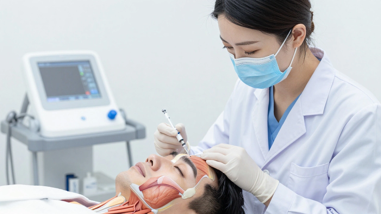 Врач вводит инъекцию ботокса в лоб пациента в стерильной клинической обстановке.