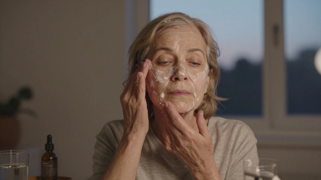 Женщина наносит маску с коллагеном дома при тёплом свете, без макияжа, с атмосферой заботы.